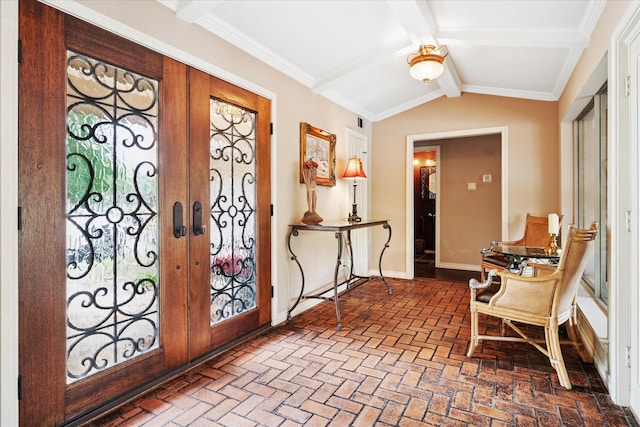 4322 Glenaire Dr, Dallas, TX 75229 - entrance foyer with french doors, brick floors, and baseboards
