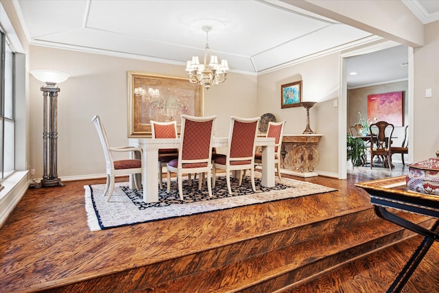 4322 Glenaire Dr, Dallas, TX 75229 - dining area featuring wood finished floors, a chandelier, baseboards, and crown molding