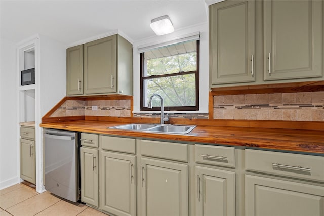 306 N Bordon St, Lorena, TX 76655 - kitchen featuring dishwasher, a sink, wooden counters, light tile patterned floors, and backsplash