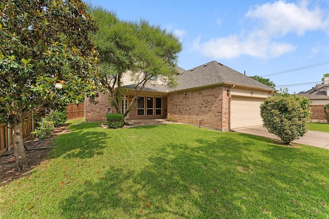 view of front facade featuring brick siding, an attached garage, concrete driveway, and a shingled roof