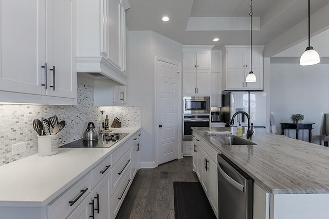 2720 Creek Crossing Ln, Midlothian, TX 76065 - kitchen featuring a sink, appliances with stainless steel finishes, dark wood-style floors, white cabinetry, and custom exhaust hood
