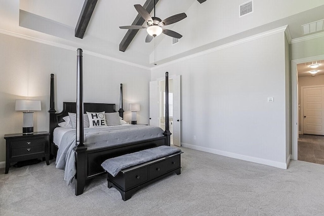 2720 Creek Crossing Ln, Midlothian, TX 76065 - carpeted bedroom with baseboards, a ceiling fan, high vaulted ceiling, and beam ceiling