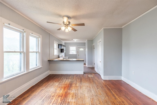 1810 Merchant St, Abilene, TX 79603 - kitchen with crown molding, hardwood / wood-style floors, a peninsula, a ceiling fan, and baseboards