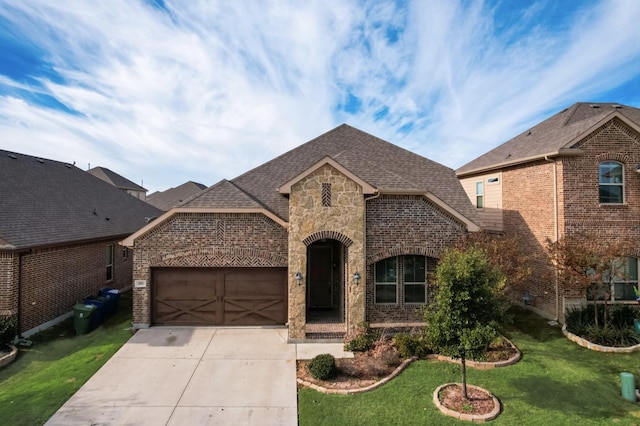 205 Mineral Point Dr, Aledo, TX 76008 - french provincial home with brick siding, driveway, an attached garage, a front lawn, and a shingled roof