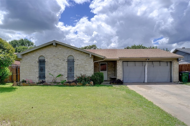 ranch-style home featuring brick siding, a garage, concrete driveway, and a shingled roof