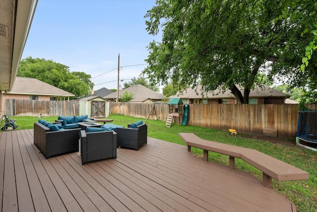 836 Heberle Dr, Burleson, TX 76028 - wooden deck with a trampoline, a playground, and an outdoor hangout area