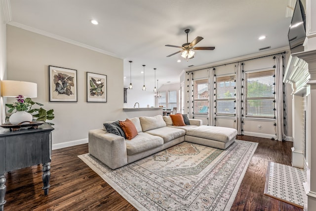 437 Sagebrush Dr, Aledo, TX 76008 - living area with ceiling fan, baseboards, ornamental molding, wood finished floors, and recessed lighting