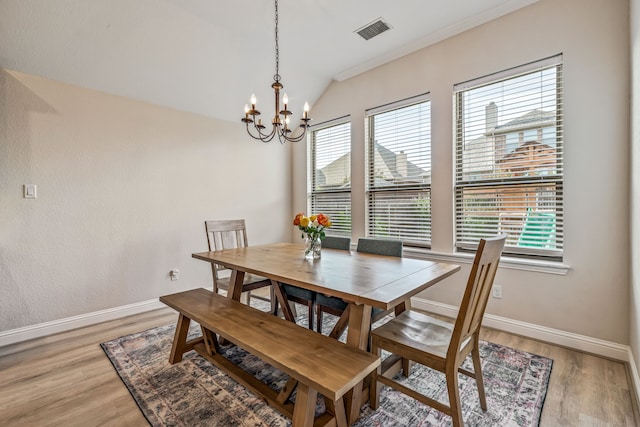 437 Sagebrush Dr, Aledo, TX 76008 - dining space with baseboards, healthy amount of natural light, a chandelier, light wood-style flooring, and lofted ceiling