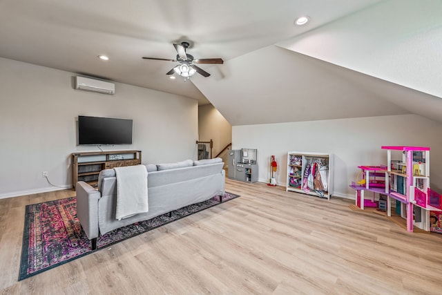 437 Sagebrush Dr, Aledo, TX 76008 - living area with ceiling fan, an AC wall unit, wood finished floors, lofted ceiling, and recessed lighting