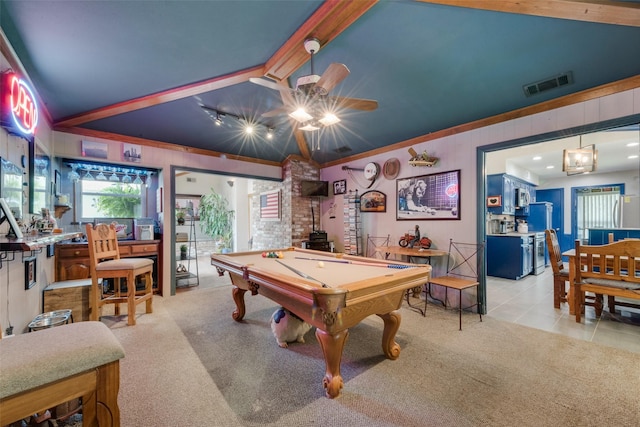 recreation room with billiards, carpet, a ceiling fan, tile patterned floors, and lofted ceiling