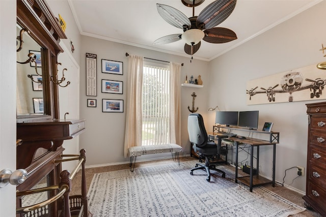 office with baseboards, ceiling fan, and crown molding