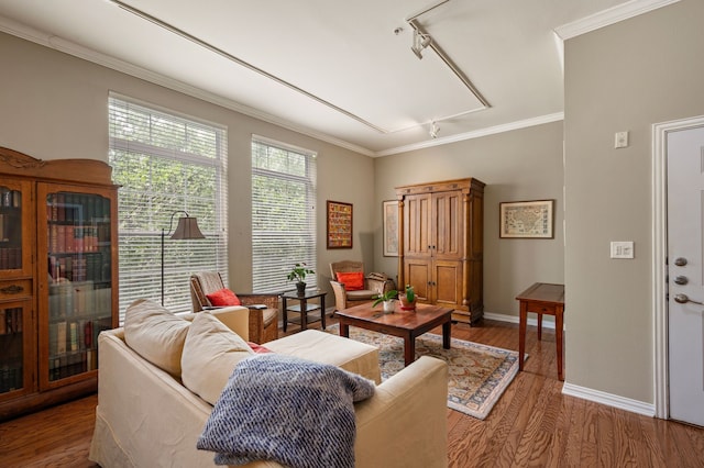 2305 Worthington St Unit 328, Dallas, TX 75204 - living area featuring attic access, wood finished floors, baseboards, track lighting, and ornamental molding