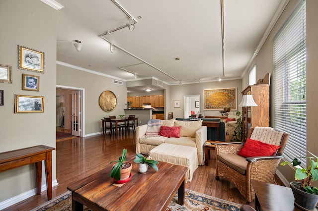 2305 Worthington St Unit 328, Dallas, TX 75204 - living room with track lighting, wood finished floors, ornamental molding, and baseboards