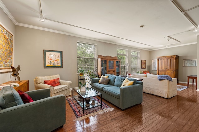 2305 Worthington St Unit 328, Dallas, TX 75204 - living room with rail lighting, dark wood-style flooring, and crown molding