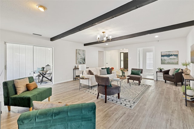 1427 Northridge Dr, Carrollton, TX 75006 - living area featuring beamed ceiling, light wood-style floors, a chandelier, baseboards, and recessed lighting