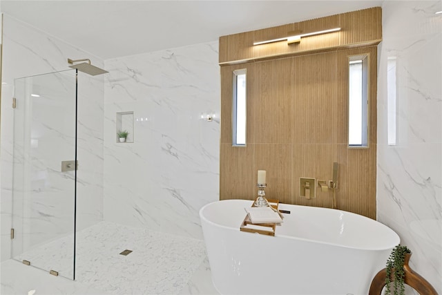 1427 Northridge Dr, Carrollton, TX 75006 - full bath with plenty of natural light, a marble finish shower, a soaking tub, and marble finish flooring