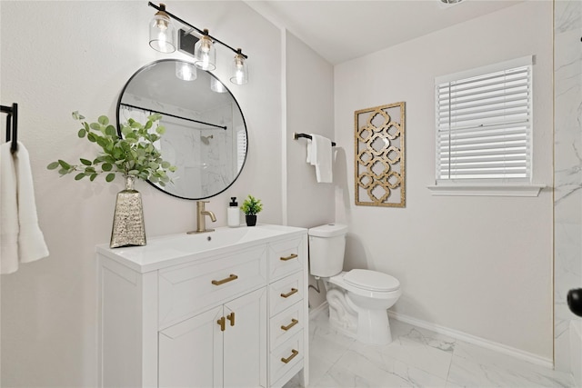 1427 Northridge Dr, Carrollton, TX 75006 - bathroom with marble finish floors, toilet, a shower, baseboards, and vanity