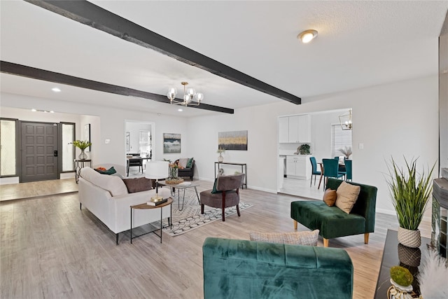 1427 Northridge Dr, Carrollton, TX 75006 - living room featuring a chandelier, beam ceiling, baseboards, light wood-style flooring, and recessed lighting