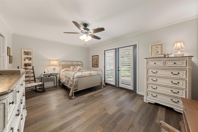 3417 Fern Hill Cir, Waco, TX 76708 - bedroom with access to exterior, dark wood-type flooring, crown molding, and ceiling fan