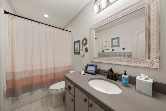 3417 Fern Hill Cir, Waco, TX 76708 - full bathroom featuring toilet, vanity, shower / tub combo, tile patterned floors, and crown molding