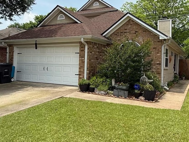 ranch-style home with brick siding, driveway, a chimney, roof with shingles, and a garage