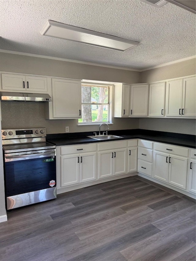 405 Forest Ln, Gun Barrel City, TX 75156 - kitchen featuring stainless steel range with electric stovetop, a sink, a textured ceiling, under cabinet range hood, and white cabinetry