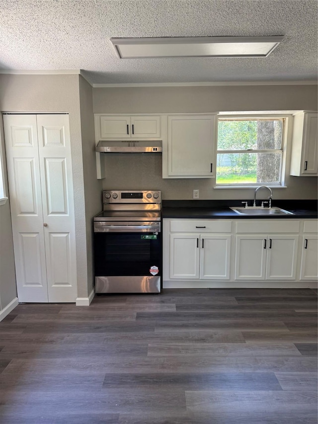 405 Forest Ln, Gun Barrel City, TX 75156 - kitchen featuring stainless steel range with electric cooktop, a sink, under cabinet range hood, dark countertops, and a textured ceiling