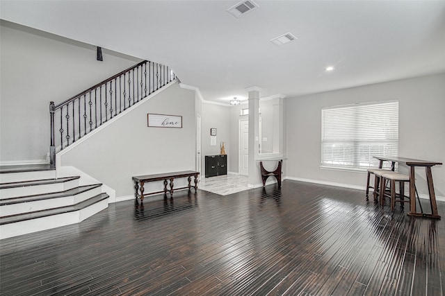 2420 Poplar Spring Rd, Fort Worth, TX 76123 - living area with baseboards, stairs, wood finished floors, and decorative columns