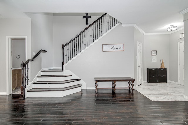 2420 Poplar Spring Rd, Fort Worth, TX 76123 - entrance foyer with stairway, crown molding, wood finished floors, and baseboards