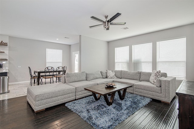 2420 Poplar Spring Rd, Fort Worth, TX 76123 - living room with ceiling fan, dark wood-style flooring, and baseboards