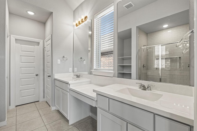 1714 Lone Lynx Way, Wylie, TX 75098 - bathroom with a shower stall, tile patterned floors, and double vanity