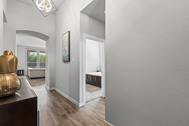 1714 Lone Lynx Way, Wylie, TX 75098 - hall with arched walkways, wood finished floors, baseboards, and a towering ceiling