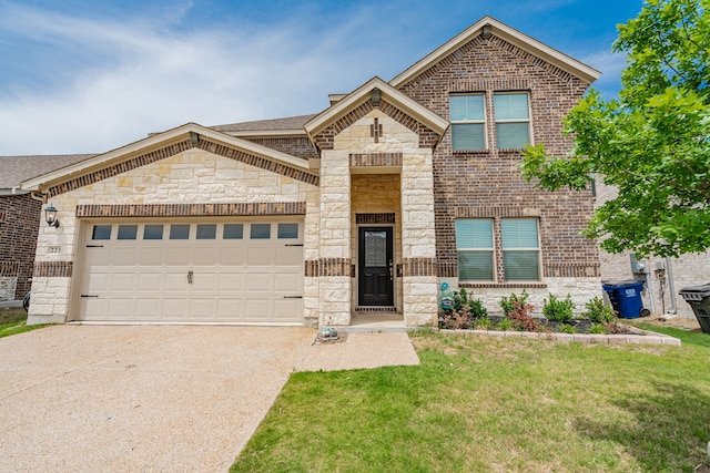 223 Quarry St, Melissa, TX 75454 - view of front of home featuring stone siding, concrete driveway, brick siding, a front yard, and an attached garage