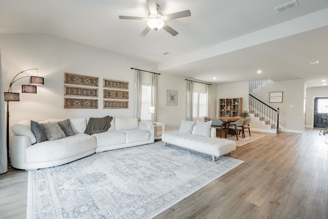 223 Quarry St, Melissa, TX 75454 - living area featuring stairway, light wood-style flooring, a ceiling fan, recessed lighting, and baseboards