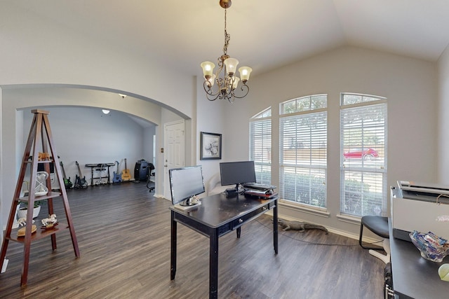 8614 Granville Dr, Dallas, TX 75249 - office space with dark wood-style floors, a chandelier, arched walkways, lofted ceiling, and baseboards