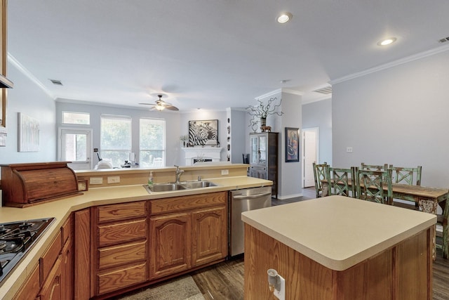 8614 Granville Dr, Dallas, TX 75249 - kitchen featuring a sink, stainless steel dishwasher, ornamental molding, dark wood-style flooring, and brown cabinets
