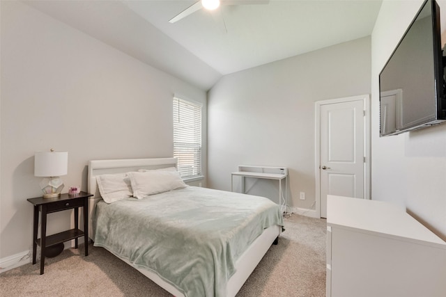 6005 Loving Ct, Midlothian, TX 76065 - bedroom with light carpet, lofted ceiling, baseboards, and ceiling fan