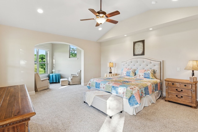 1100 Triple Crown Ct, Bartonville, TX 76226 - bedroom with arched walkways, vaulted ceiling, carpet floors, recessed lighting, and baseboards