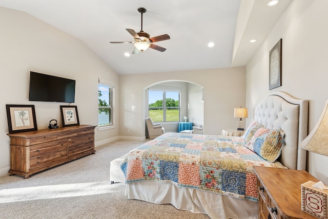 1100 Triple Crown Ct, Bartonville, TX 76226 - bedroom with arched walkways, carpet floors, vaulted ceiling, baseboards, and recessed lighting