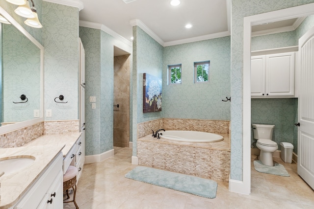 1100 Triple Crown Ct, Bartonville, TX 76226 - bathroom featuring crown molding, vanity, a garden tub, a shower stall, and toilet