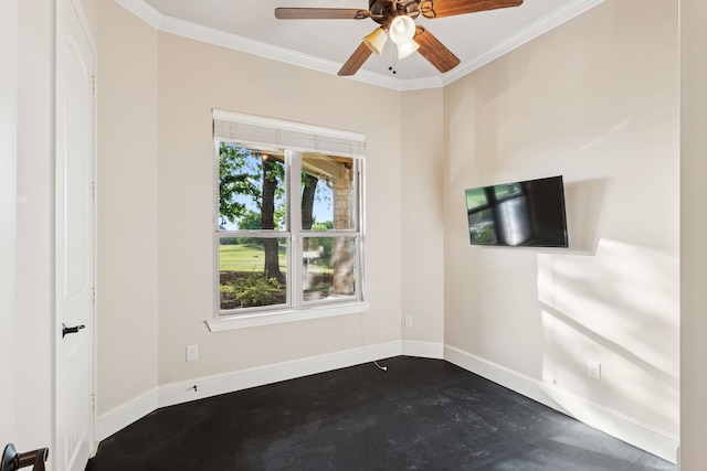 1100 Triple Crown Ct, Bartonville, TX 76226 - unfurnished bedroom with crown molding, concrete flooring, baseboards, and a ceiling fan