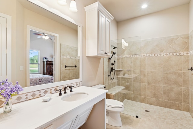 1100 Triple Crown Ct, Bartonville, TX 76226 - full bath with connected bathroom, a walk in shower, toilet, vanity, and a ceiling fan