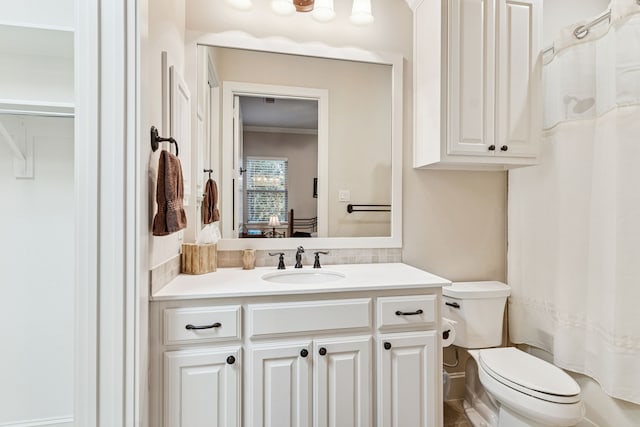 1100 Triple Crown Ct, Bartonville, TX 76226 - bathroom featuring toilet, vanity, ornamental molding, and a shower with shower curtain