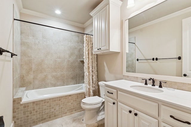 1100 Triple Crown Ct, Bartonville, TX 76226 - full bath featuring toilet, tiled shower / bath combo, ornamental molding, vanity, and tile patterned floors