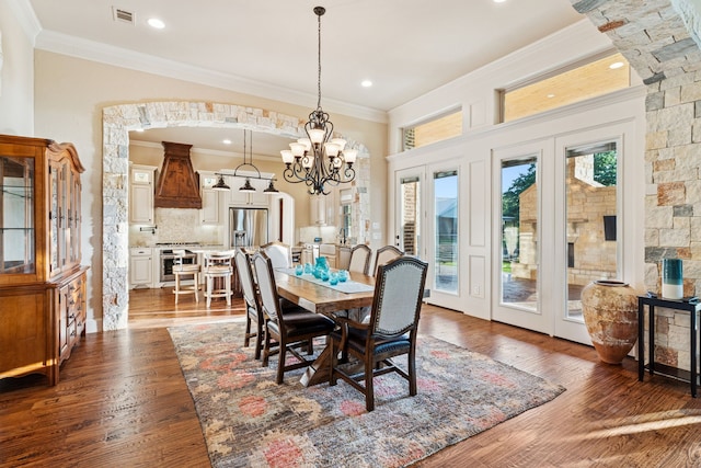 1100 Triple Crown Ct, Bartonville, TX 76226 - dining space with ornamental molding, dark wood-type flooring, a chandelier, and recessed lighting