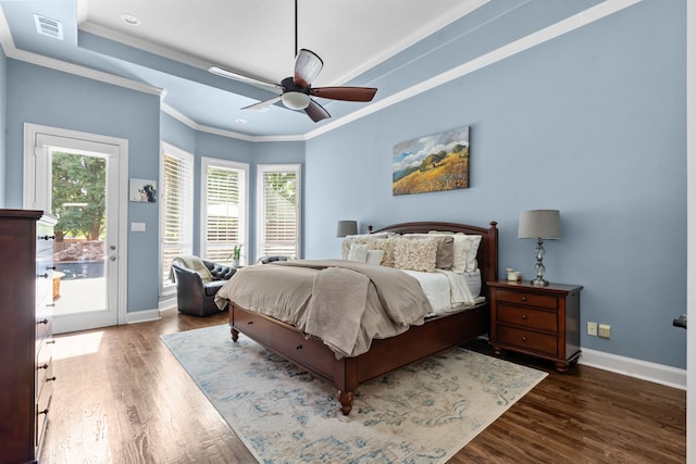 1809 Summit Ct, Keller, TX 76262 - bedroom with access to outside, wood finished floors, baseboards, crown molding, and a ceiling fan
