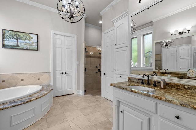 1809 Summit Ct, Keller, TX 76262 - full bath featuring a chandelier, ornamental molding, a shower stall, a garden tub, and vanity