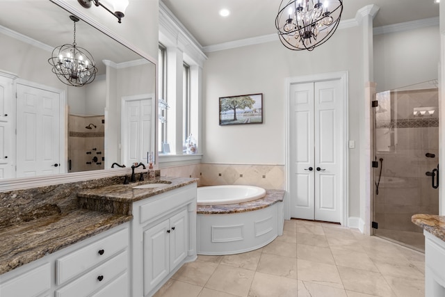 1809 Summit Ct, Keller, TX 76262 - bathroom featuring a chandelier, a stall shower, a bath, ornamental molding, and vanity