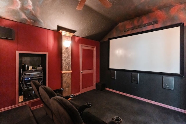 1809 Summit Ct, Keller, TX 76262 - home theater room featuring carpet, vaulted ceiling, and ceiling fan