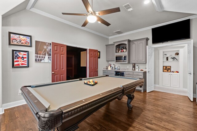 1809 Summit Ct, Keller, TX 76262 - rec room with bar with sink, billiards, a ceiling fan, ornamental molding, and dark wood-style floors
